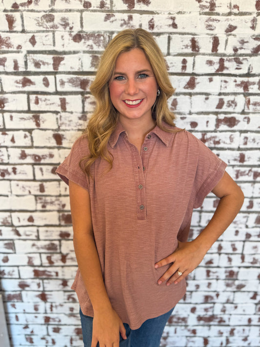 Mauve Ribbed Collared Top