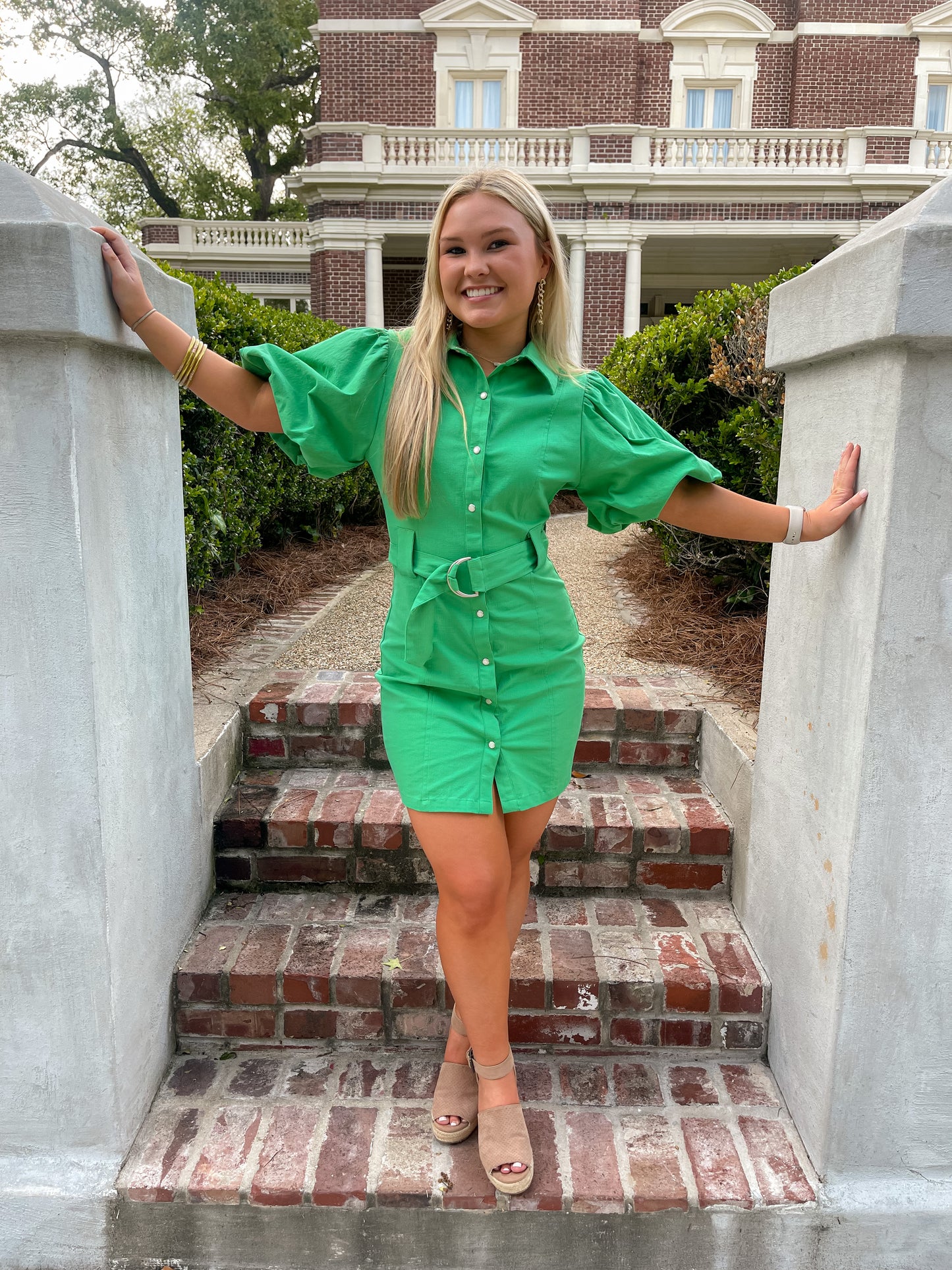 Green Bubble Sleeve Dress